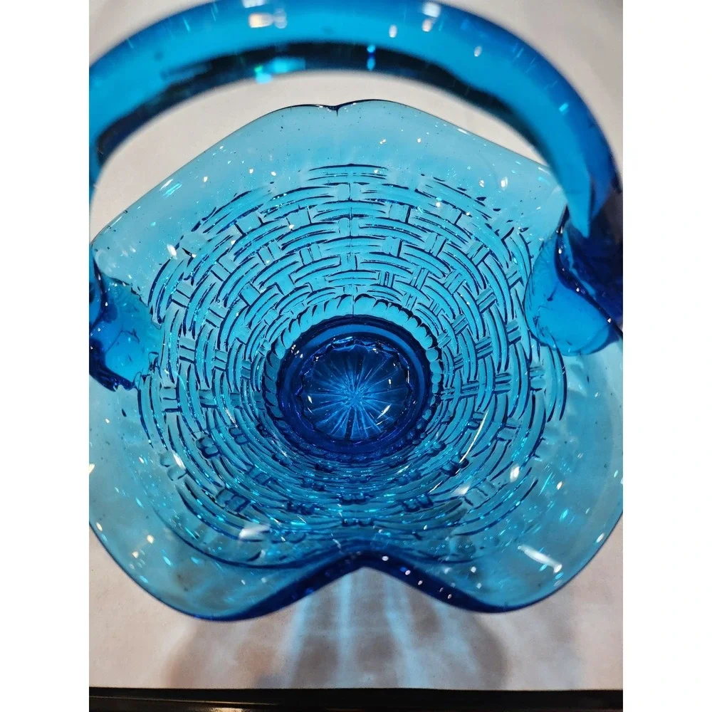 Fenton Style~ Basketweave Basket~ Ruffled~Crimped~Blue Glass~Trinket~Candy Dish